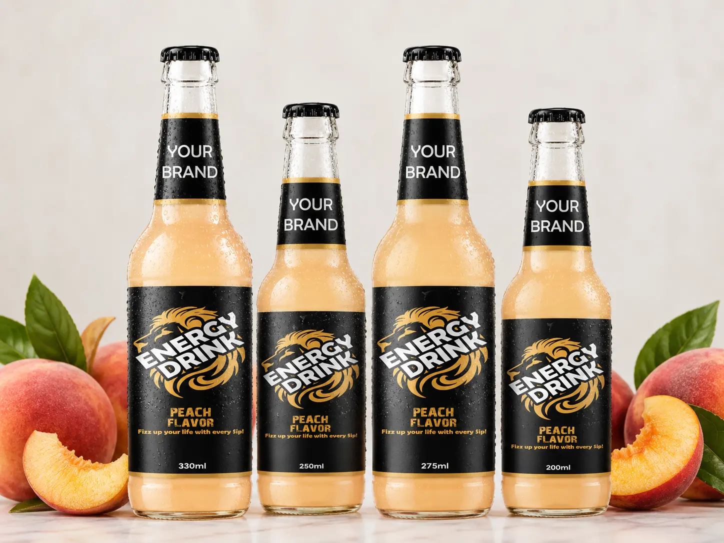 ENERGY DRINK Peach Flavor 330ml, 250ml, 275ml and 200ml glass bottles